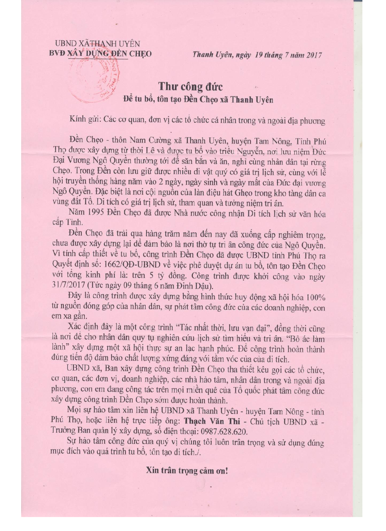 Thư công đức và mời dự lễ khởi công trùng tu đền Chẹo – Phú Thọ
